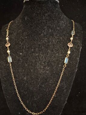 Vintage Gold Chain Necklace with Blue & Pink  and Faux Pearl Beads Accents